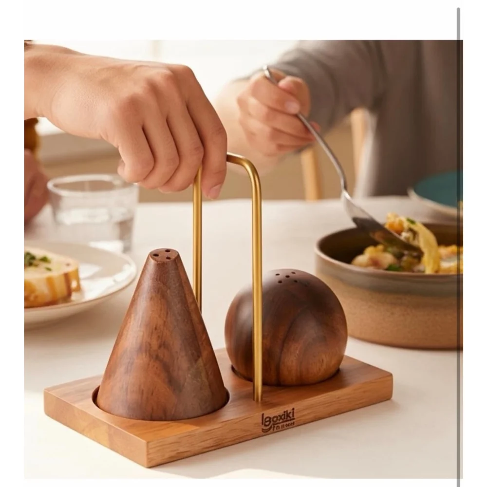 NEW Acacia Wood Salt & Pepper Shaker Set –Storage Base Titanium